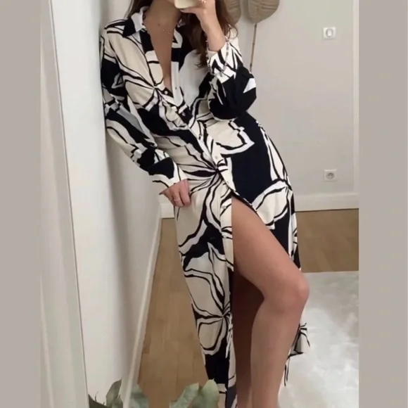 ZARA BLOGGER FAVORITE FLORAL PRINT SHIRT DRESS ECRU / BLACK 2298/085